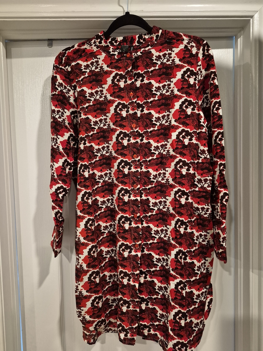 ICON Long-Sleeve Floral Button-Front Tunic Dress in Red, Black, and White